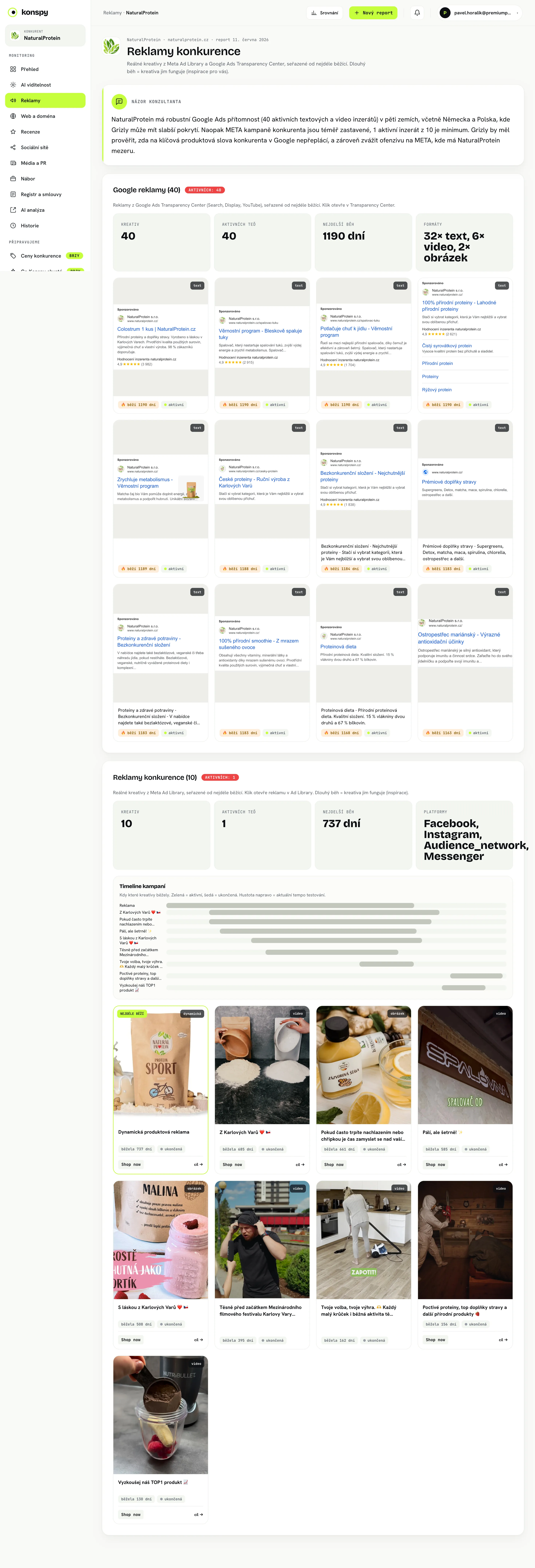 Konspy dashboard, reklamy konkurencie